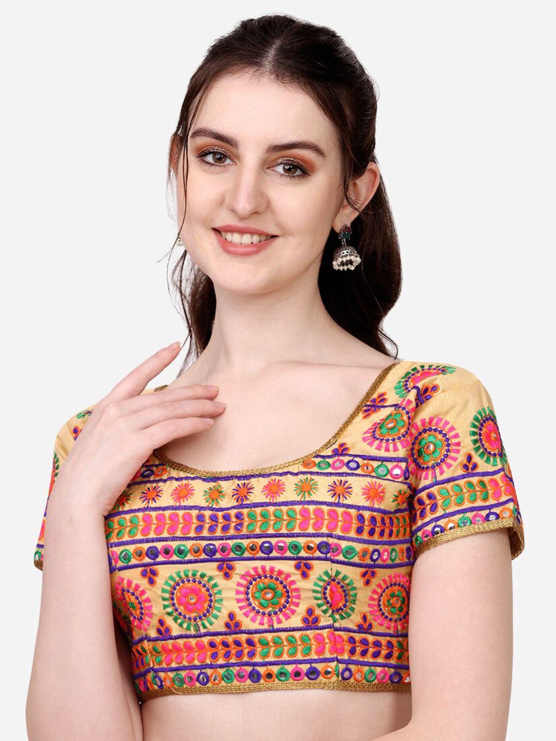pujia mills golden & pink embroidered silk saree blouse
