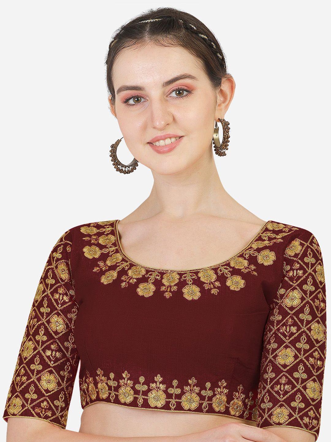 pujia mills maroon & gold-coloured embroidered saree blouse
