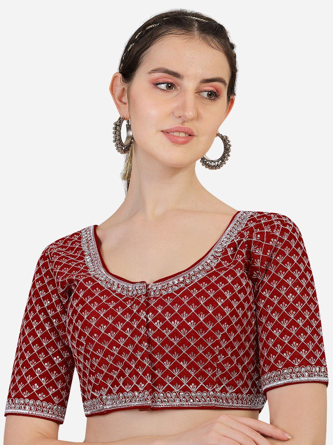 pujia mills maroon embroidered padded saree blouse