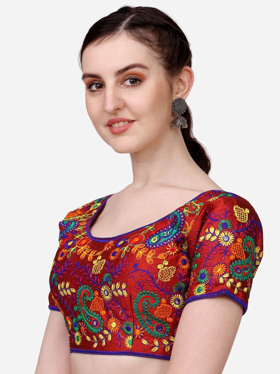 pujia mills maroon embroidered saree blouse