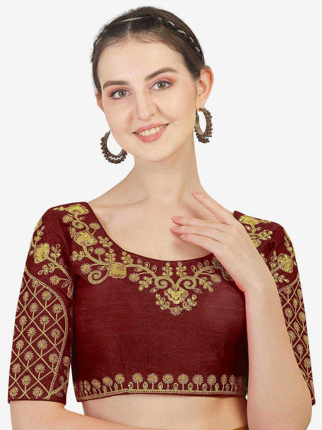 pujia mills maroon embroidered saree blouse