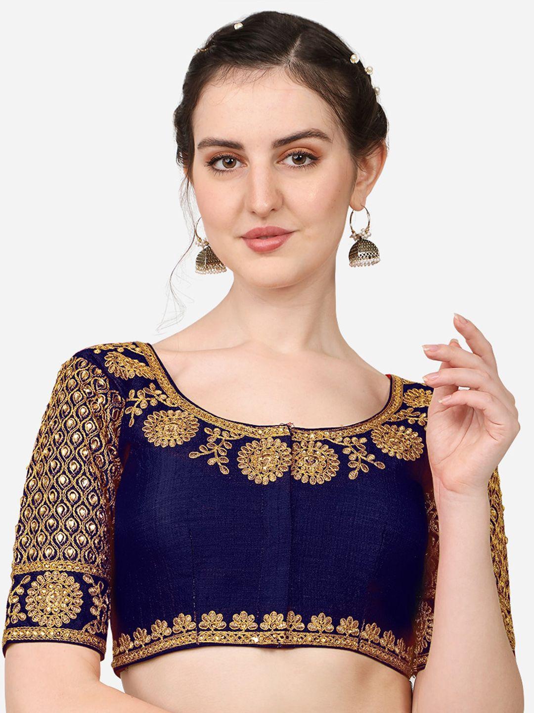 pujia mills navy blue embroidered readymade saree blouse