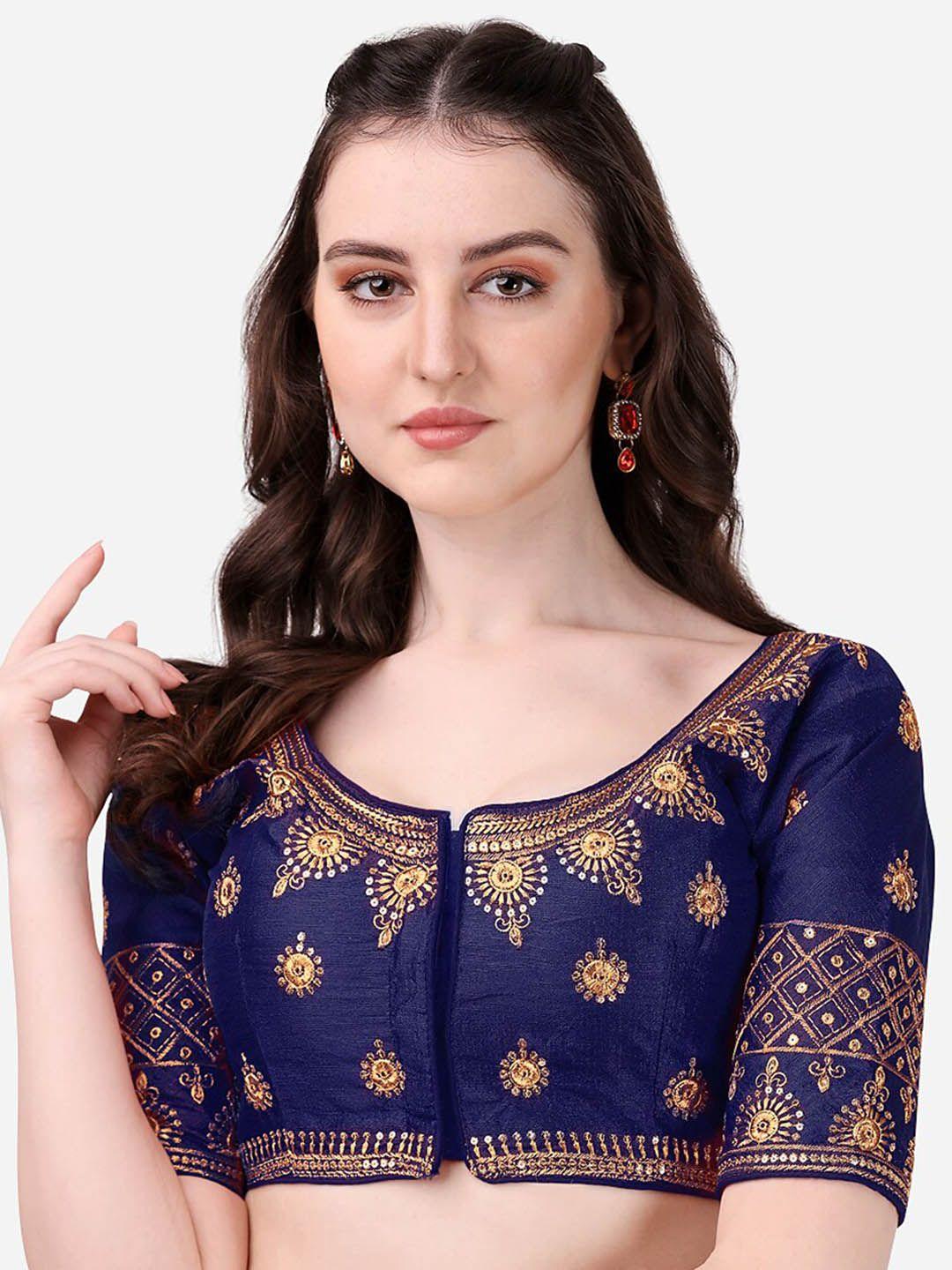 pujia mills navy blue embroidered silk saree blouse
