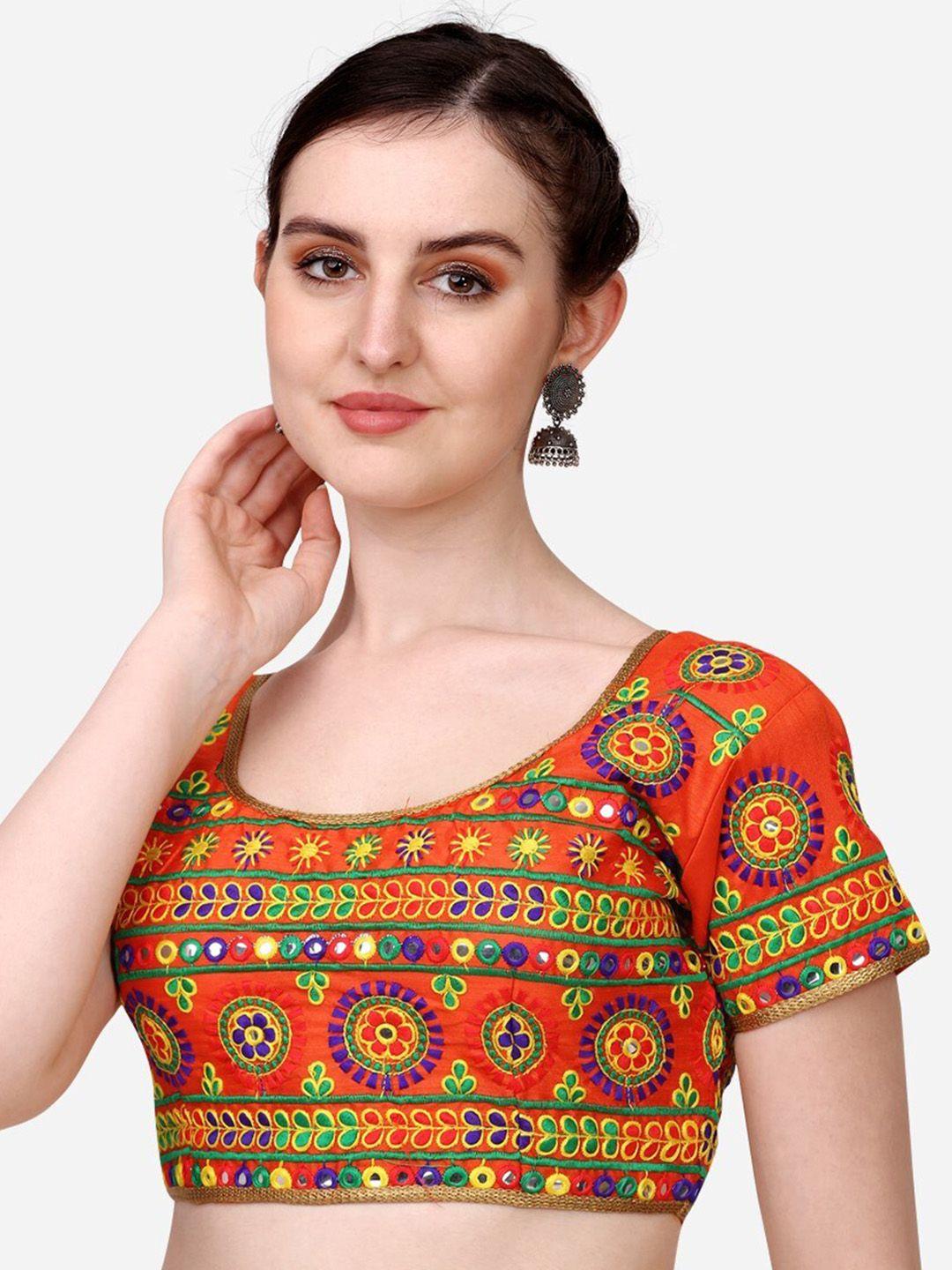 pujia mills orange & green embroidered silk saree blouse