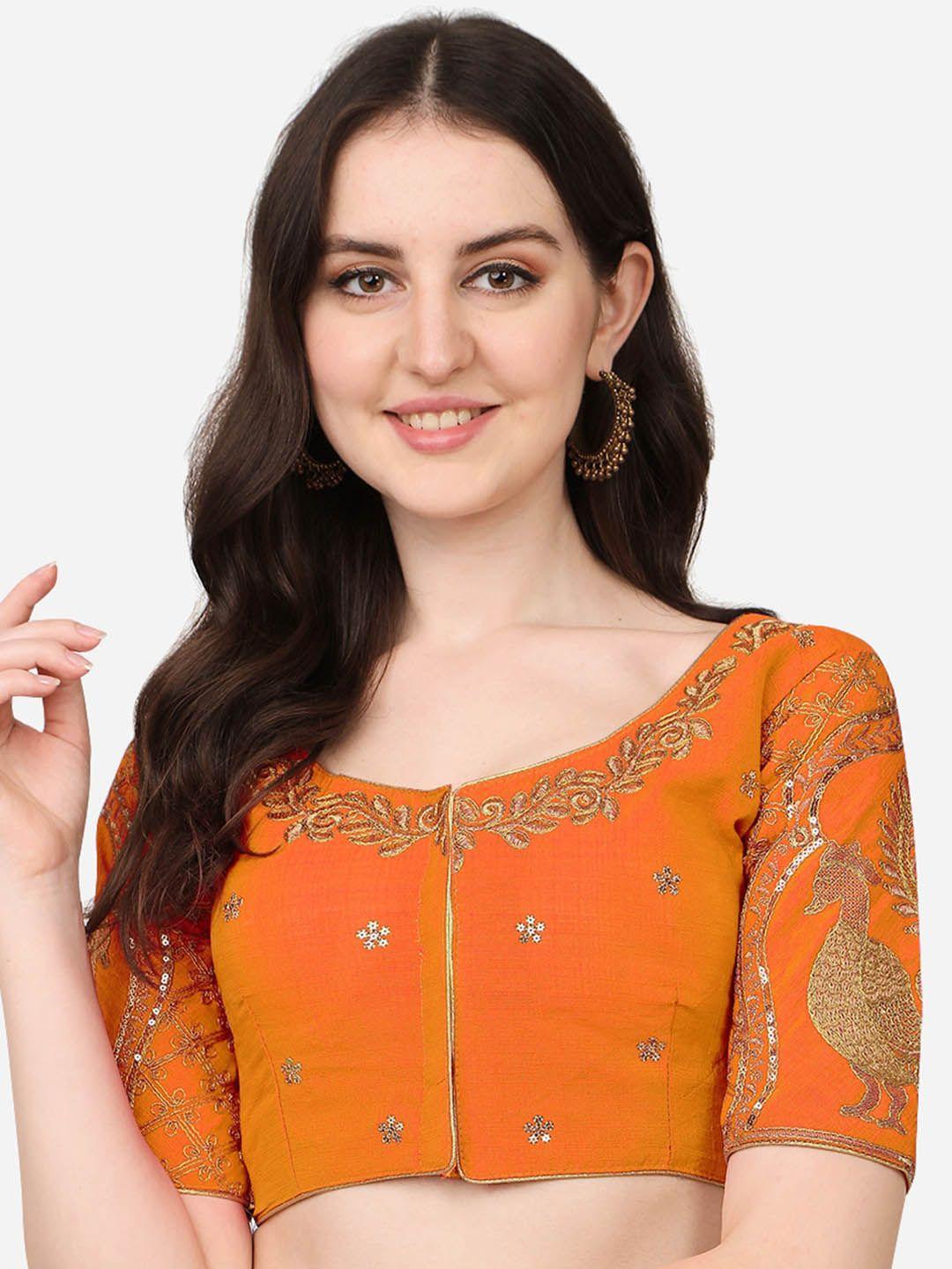 pujia mills orange embroidered readymade saree blouse