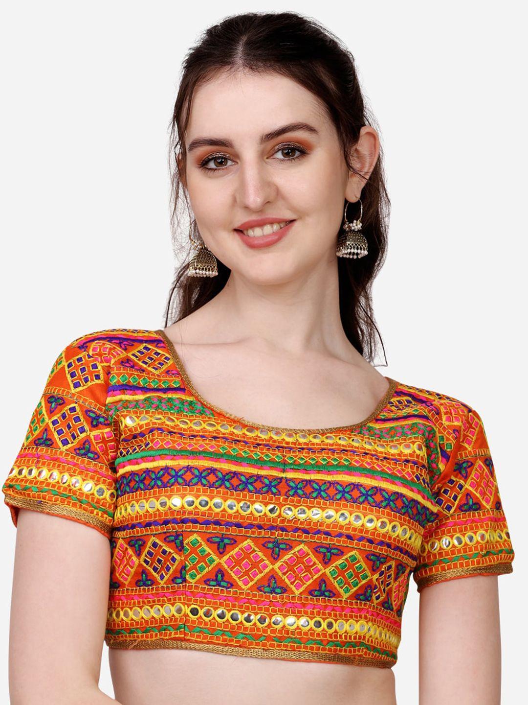 pujia mills orange embroidered saree blouse