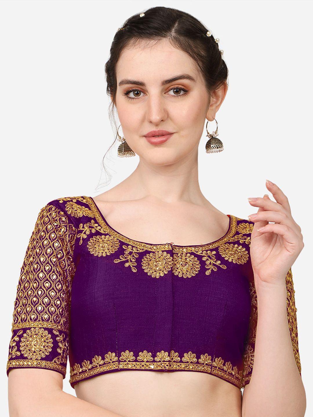 pujia mills purple & gold-toned embroidered silk saree blouse