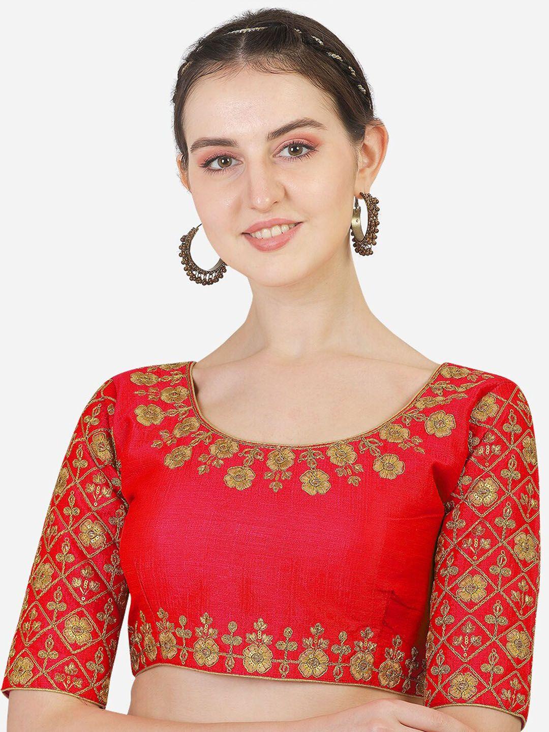 pujia mills red & gold-coloured embroidered saree blouse
