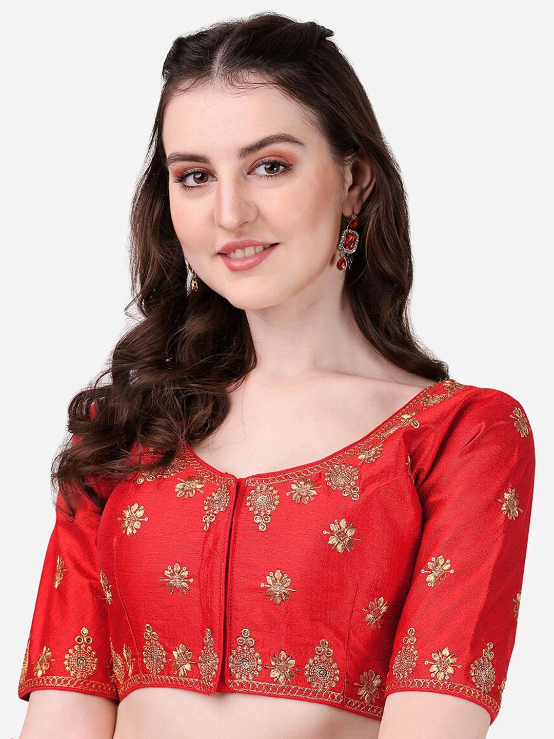 pujia mills red & golden embroidered saree blouse