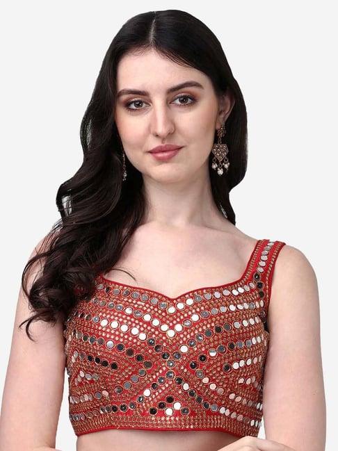 pujia mills red embellished readymade blouse