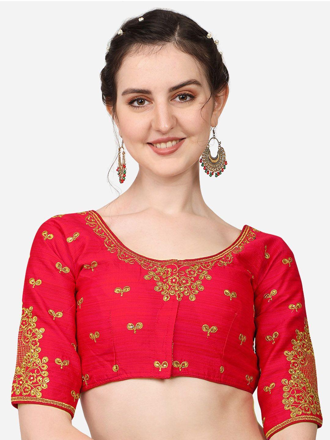 pujia mills red embellished silk saree blouse