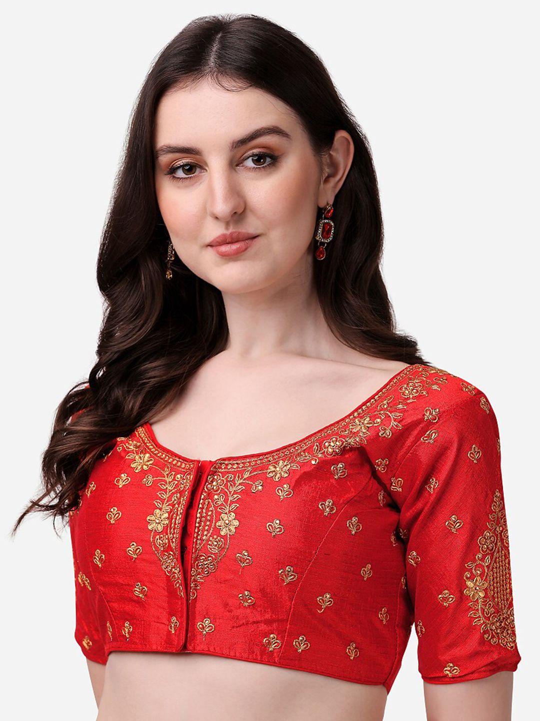 pujia mills red embroidered saree blouse