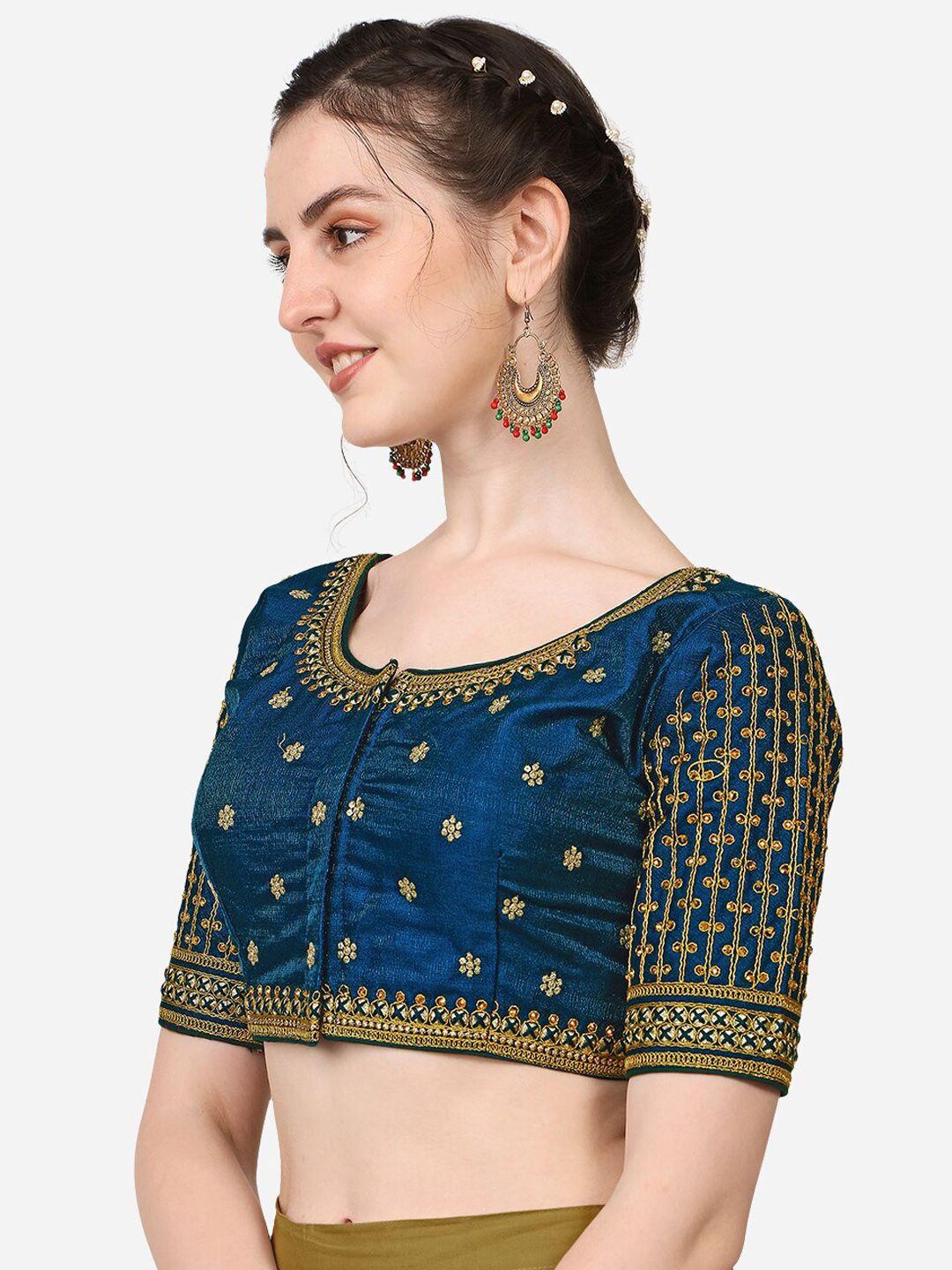 pujia mills teal blue & gold-coloured embroidered saree blouse