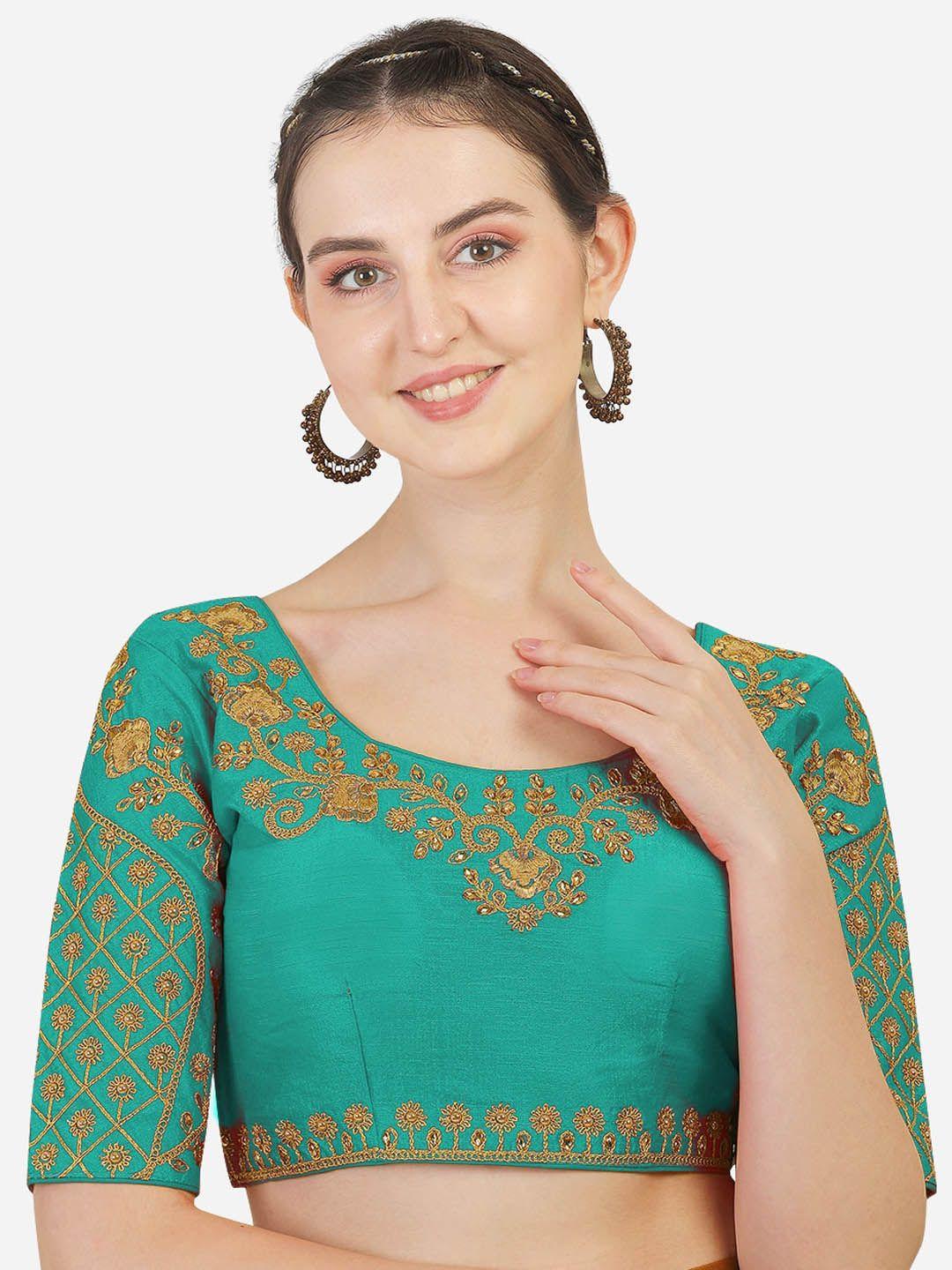 pujia mills teal-green embroidered saree blouse
