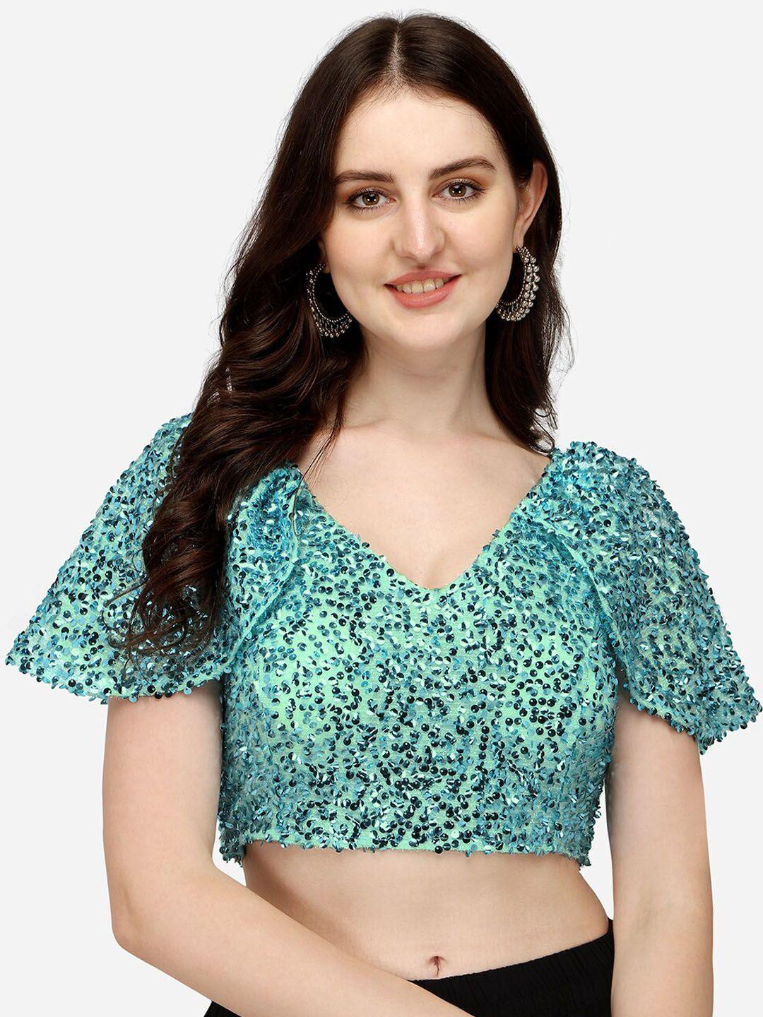 pujia mills turquoise blue embroidered saree blouse