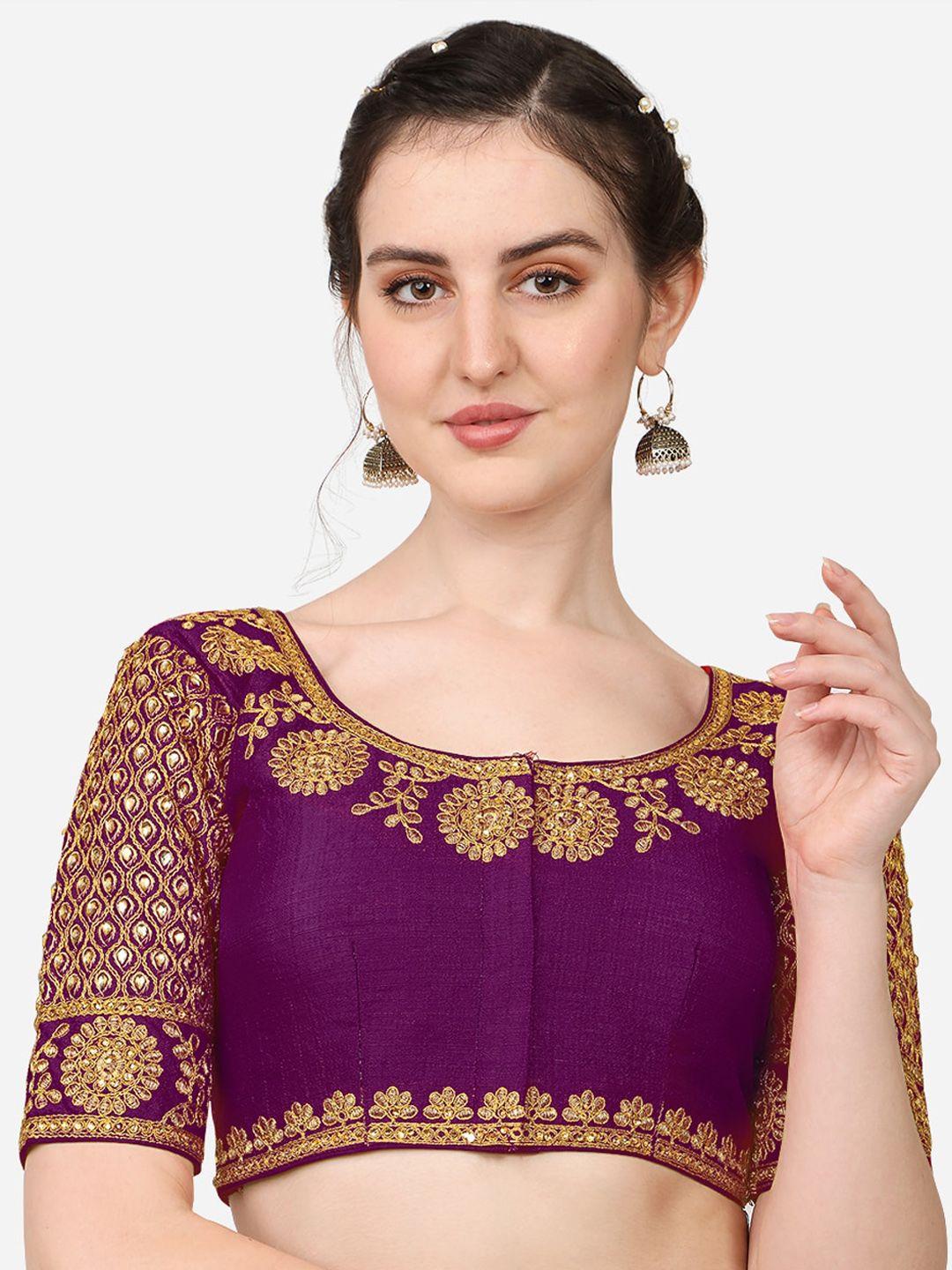 pujia mills violet & gold-coloured embroidered saree blouse