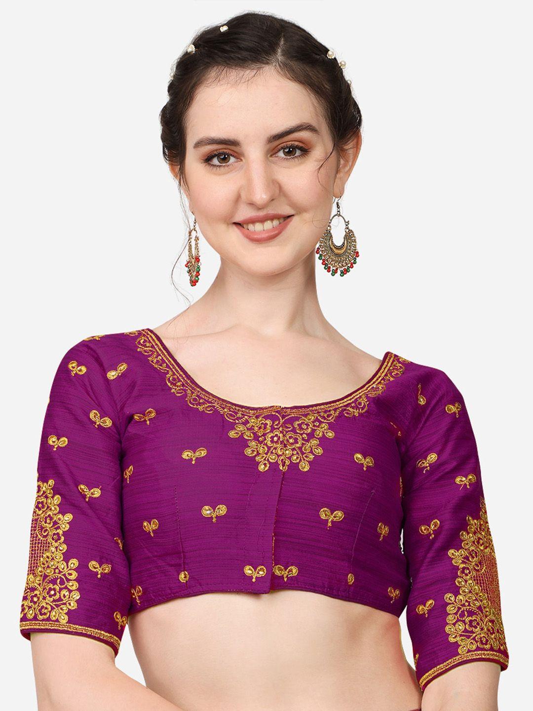 pujia mills violet embroidered silk readymade saree blouse