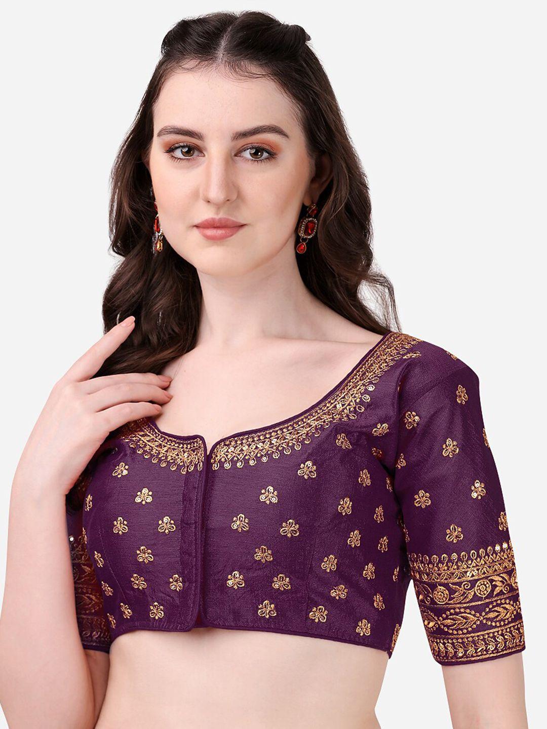 pujia mills violet embroidered silk saree blouse