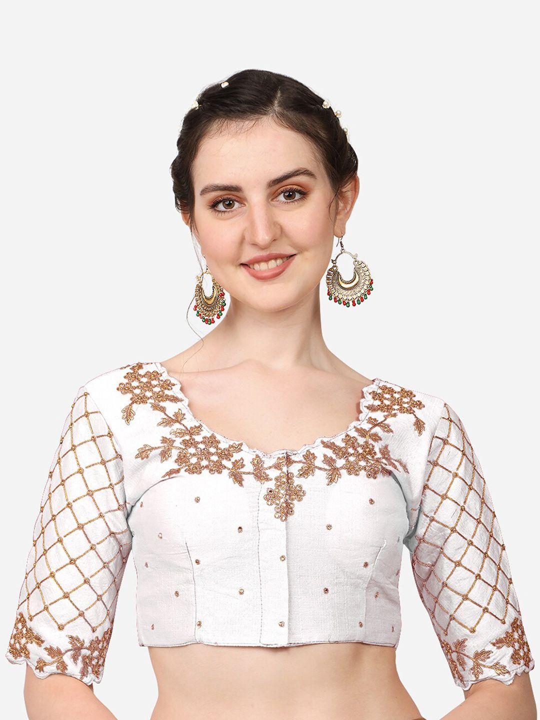 pujia mills white & gold-toned embroidered saree blouse