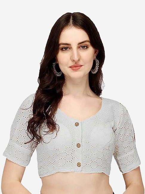 pujia mills white cotton woven pattern readymade blouse