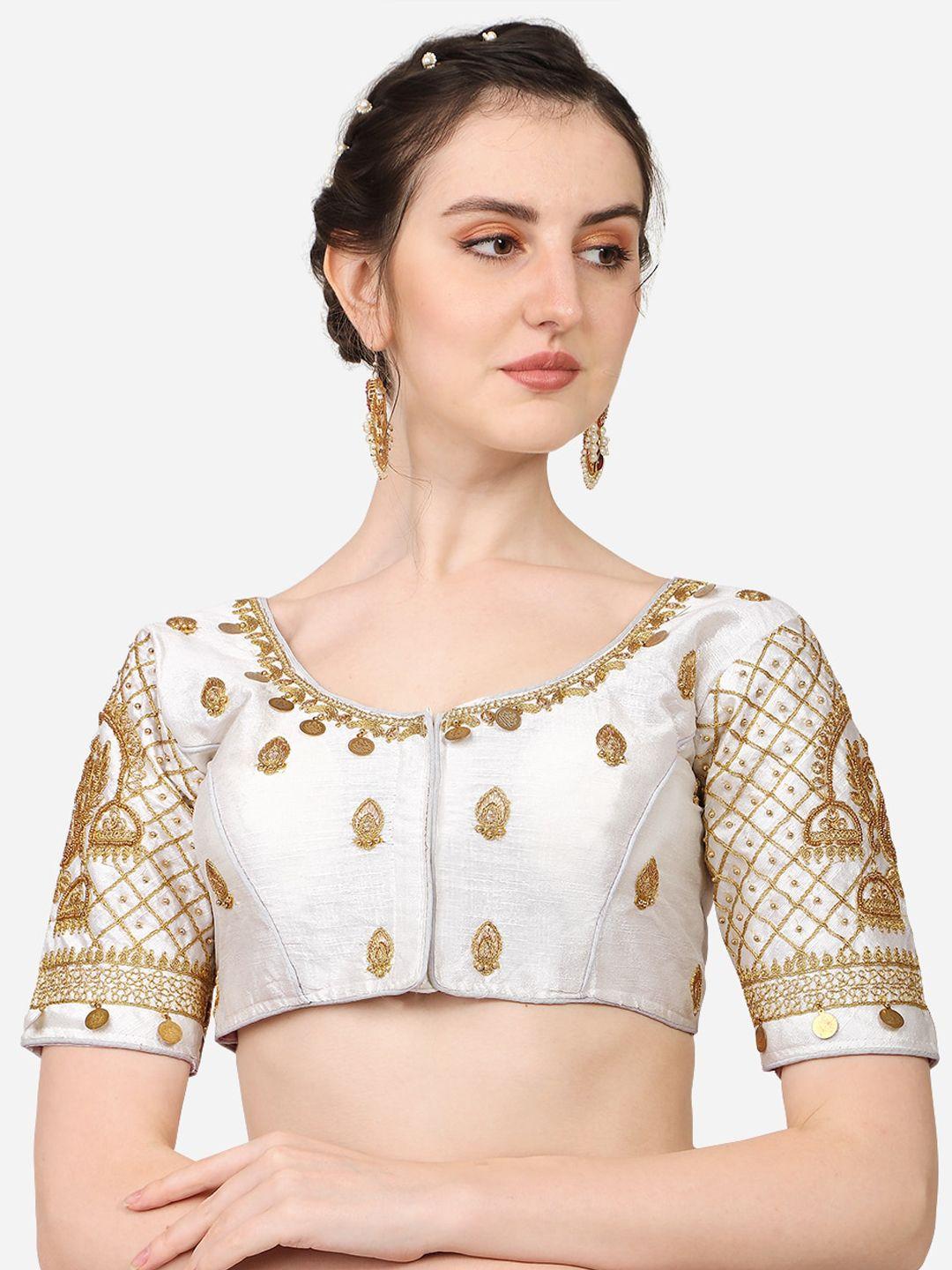 pujia mills white embroidered saree blouse
