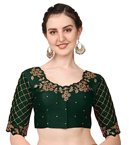 pujia mills women's embroidery handwork, rough cut work stone work readymade blouse (38, bottle green)