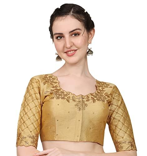 pujia mills women's embroidery handwork, rough cut work stone work readymade blouse (38, gold)