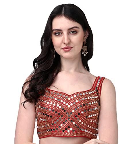 pujia mills women's embroidery work real mirror sleeveless readymade blouse red color (v-mirror_red_34)