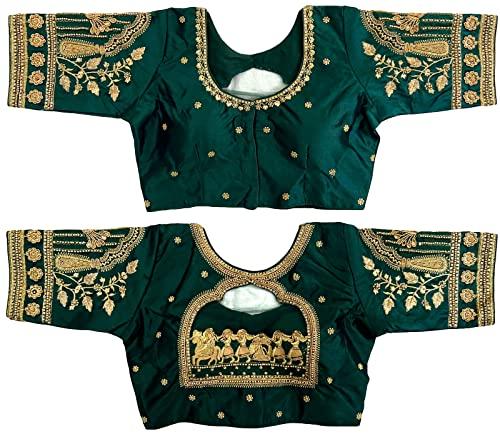 pujia mills women's golden zari embroidery work with heavy maggam work green blouse(ruby green_38)