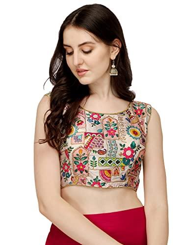 pujia mills women's phantom silk floral sleeveless saree blouse (position print 1 blouse white, 34)