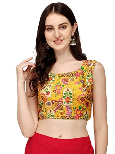 pujia mills women's phantom silk floral sleeveless saree blouse (position print 1 blouse yellow, 42)