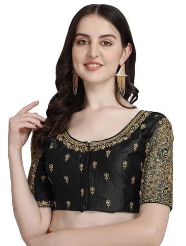 pujia mills women's silk flower embroidery sleeves cut work half sleeve readymade saree blouse (gulab rose_black_38)