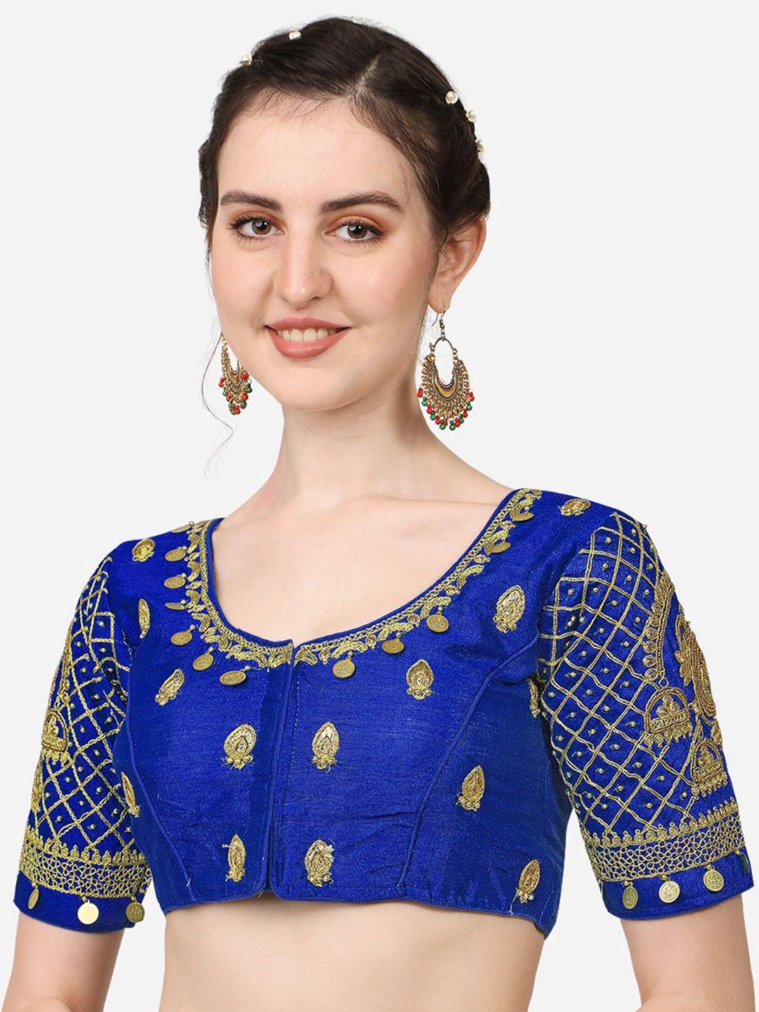 pujia mills women blue embroidered silk saree blouse