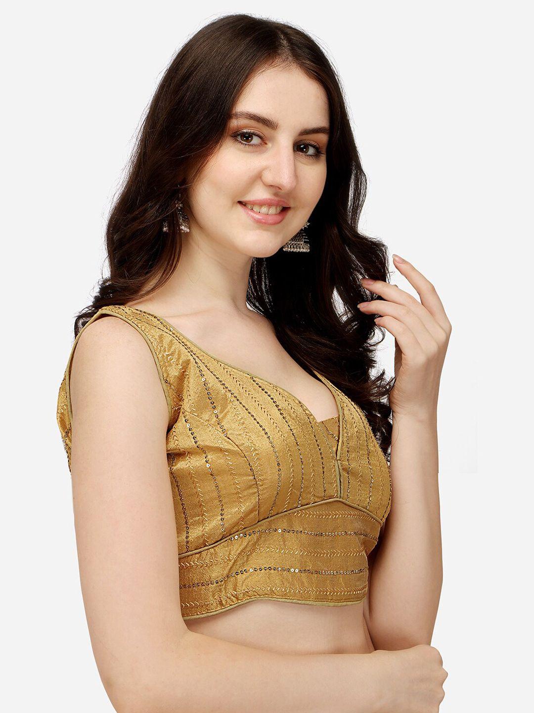 pujia mills women gold coloured embroidered saree blouse