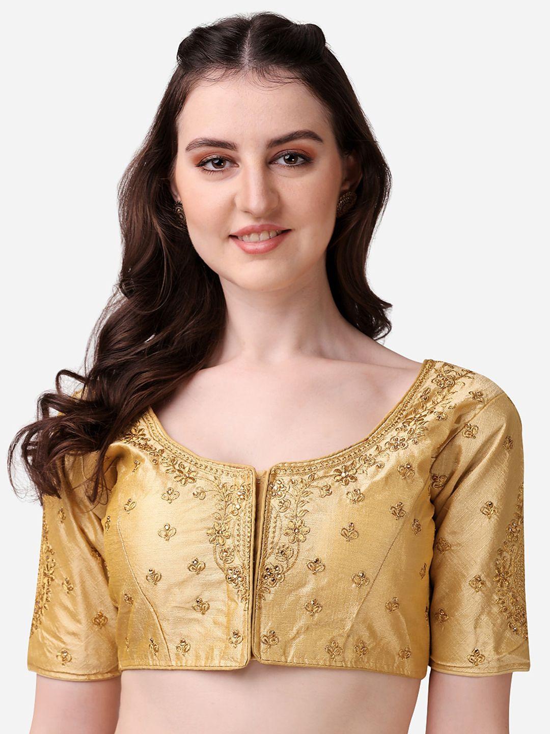 pujia mills women golden embroidery silk  saree blouse