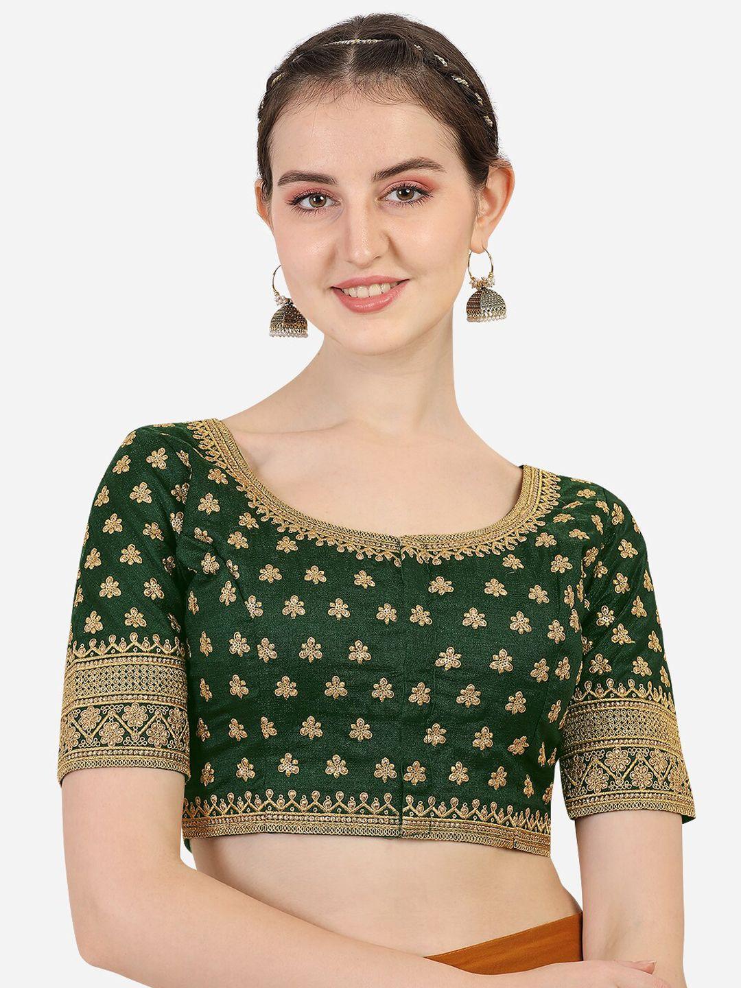 pujia mills women green embroidered readymade saree blouse