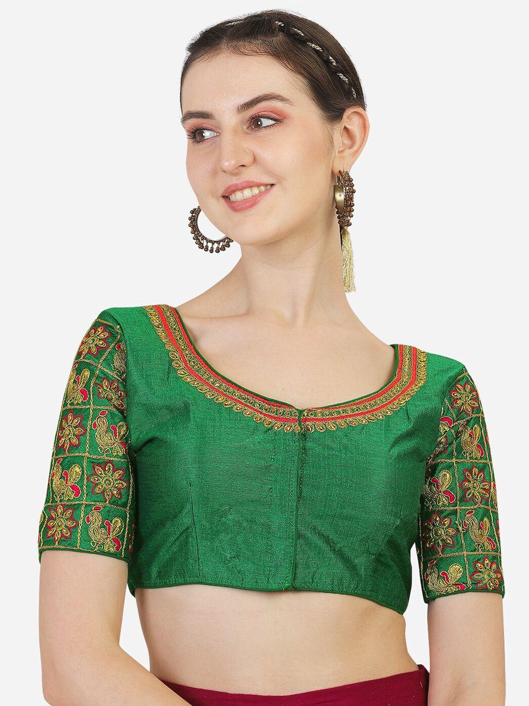 pujia mills women green embroidered silk saree blouse