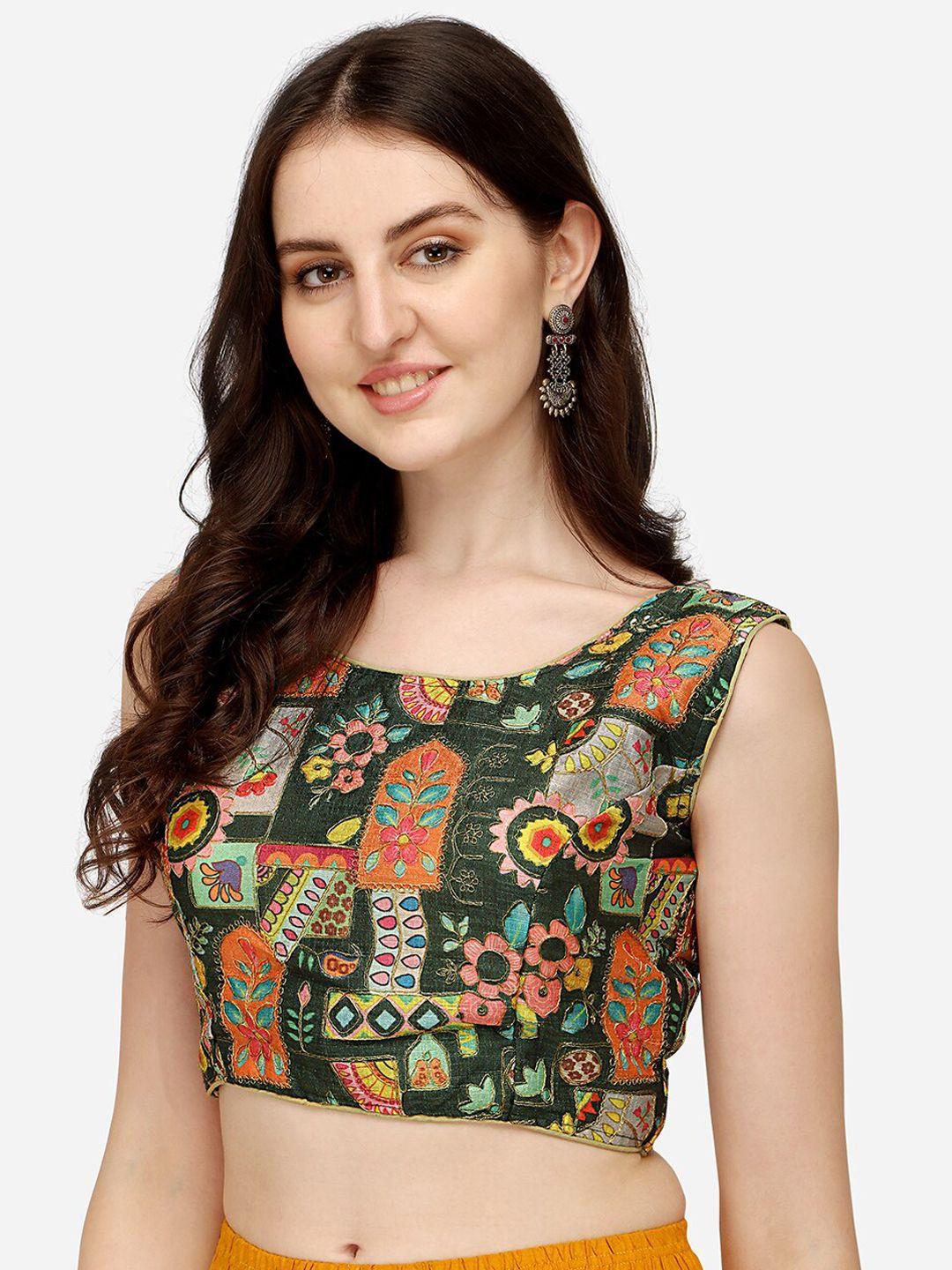 pujia mills women green saree blouse