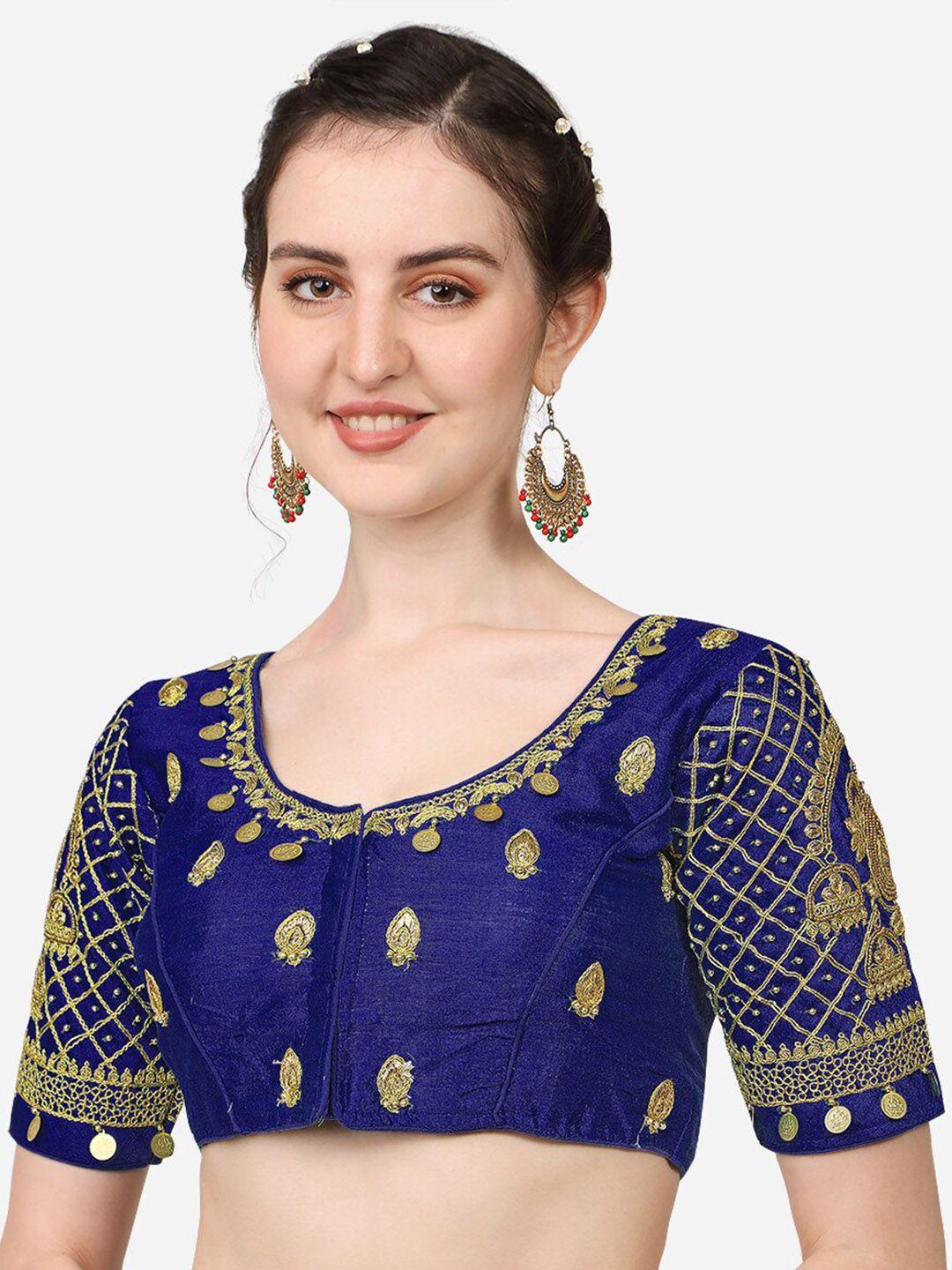 pujia mills women navy blue & gold embroidered saree blouse