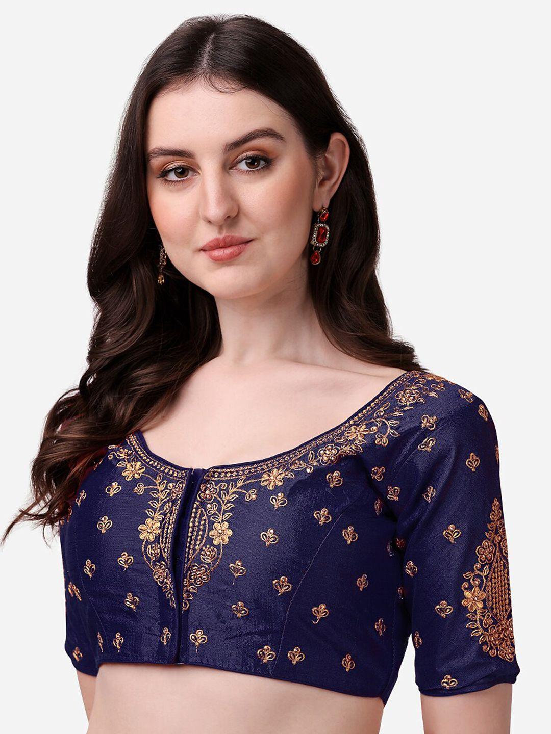 pujia mills women navy blue embroidery silk saree blouse