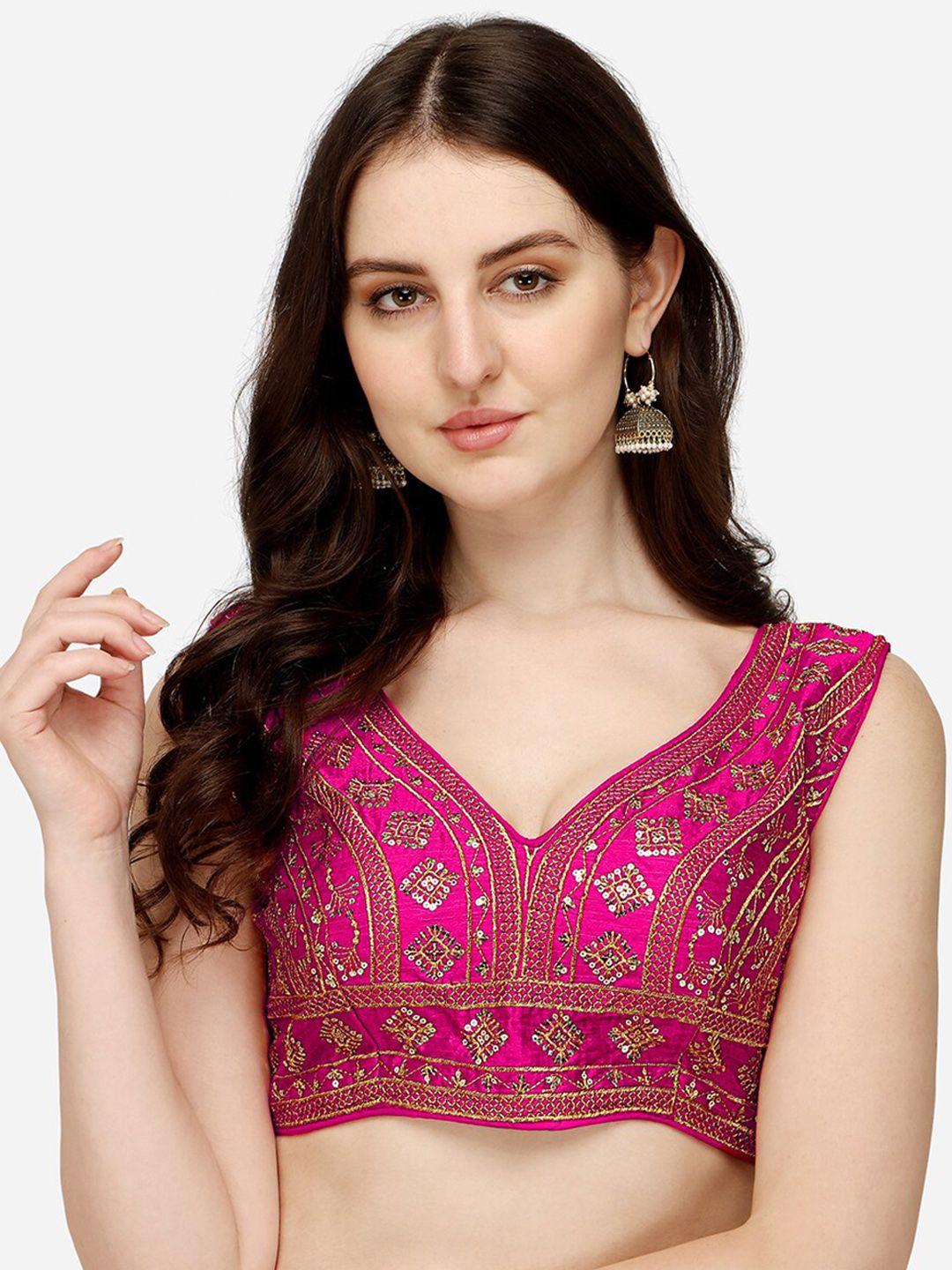 pujia mills women pink embroidered saree blouse