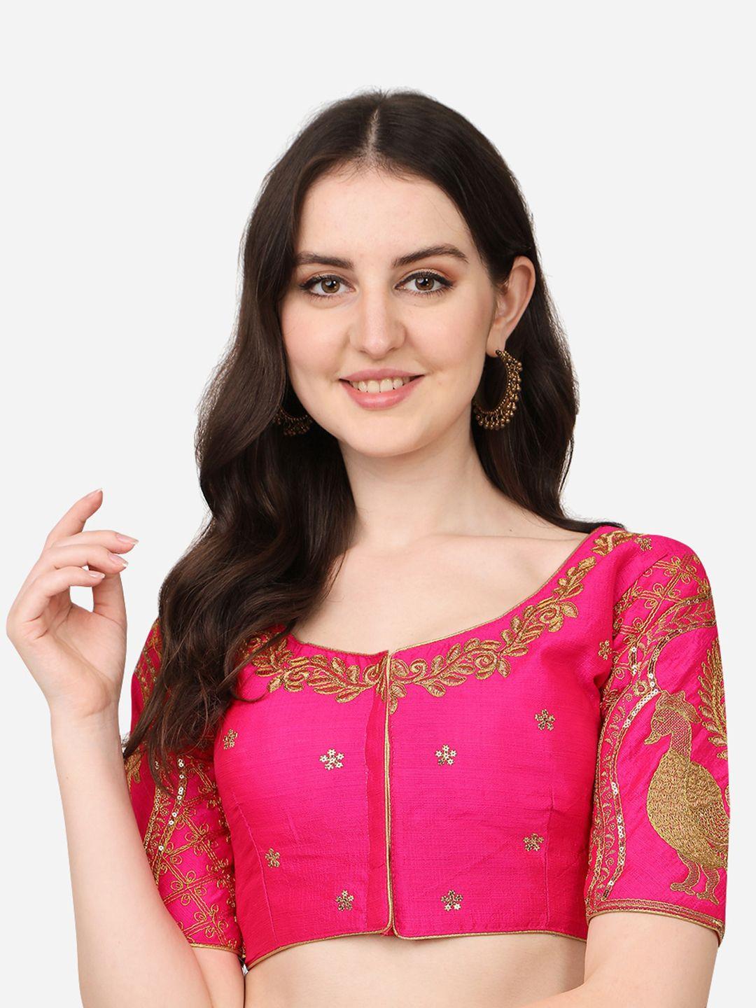 pujia mills women pink embroidered silk saree blouse