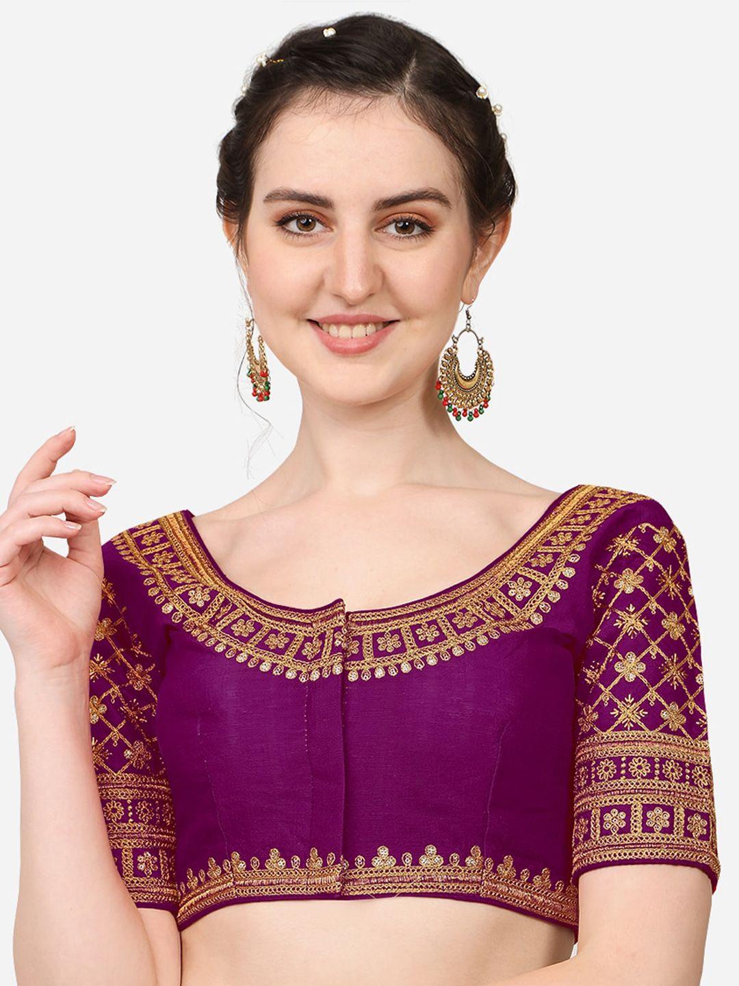 pujia mills women purple embroidered readymade saree blouse