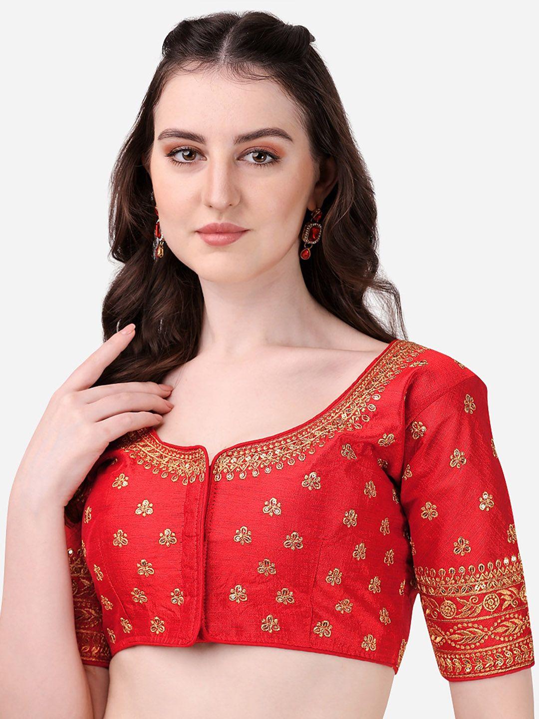 pujia mills women red embroidered saree blouse