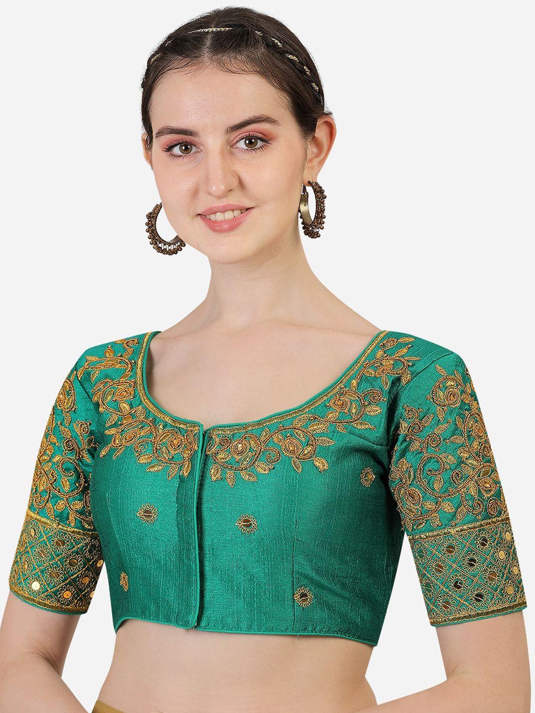 pujia mills women teal green embroiderd saree blouse