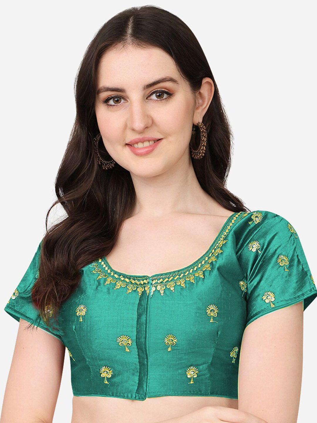 pujia mills women teal-green embroidered silk readymade saree blouse