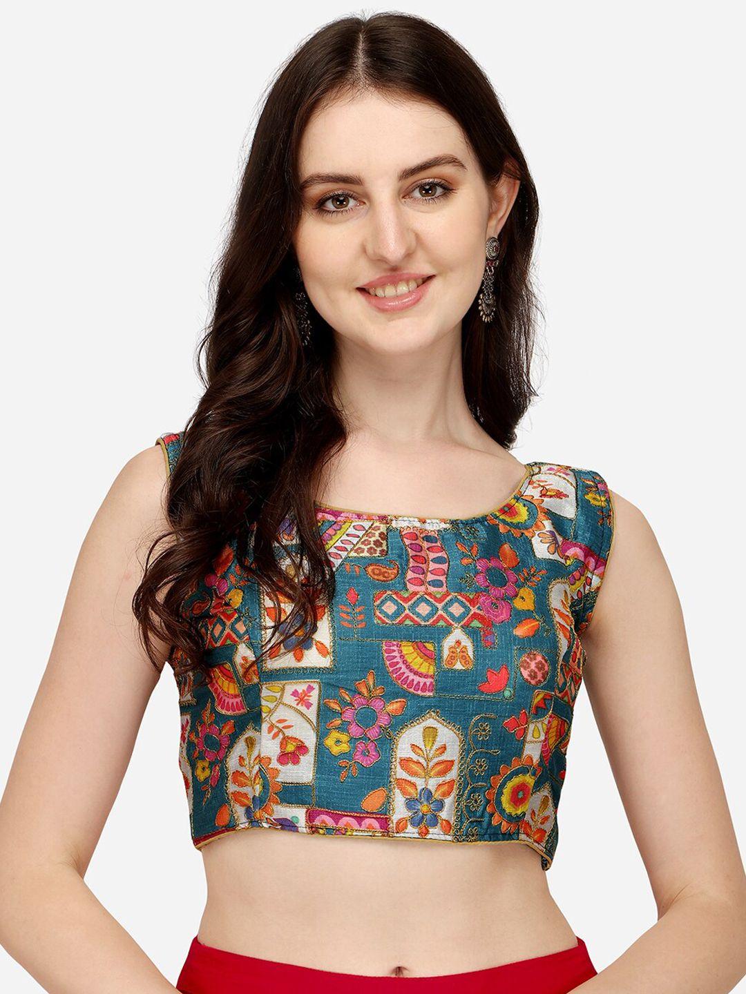 pujia mills women turquoise blue digital printed embroidered saree blouse