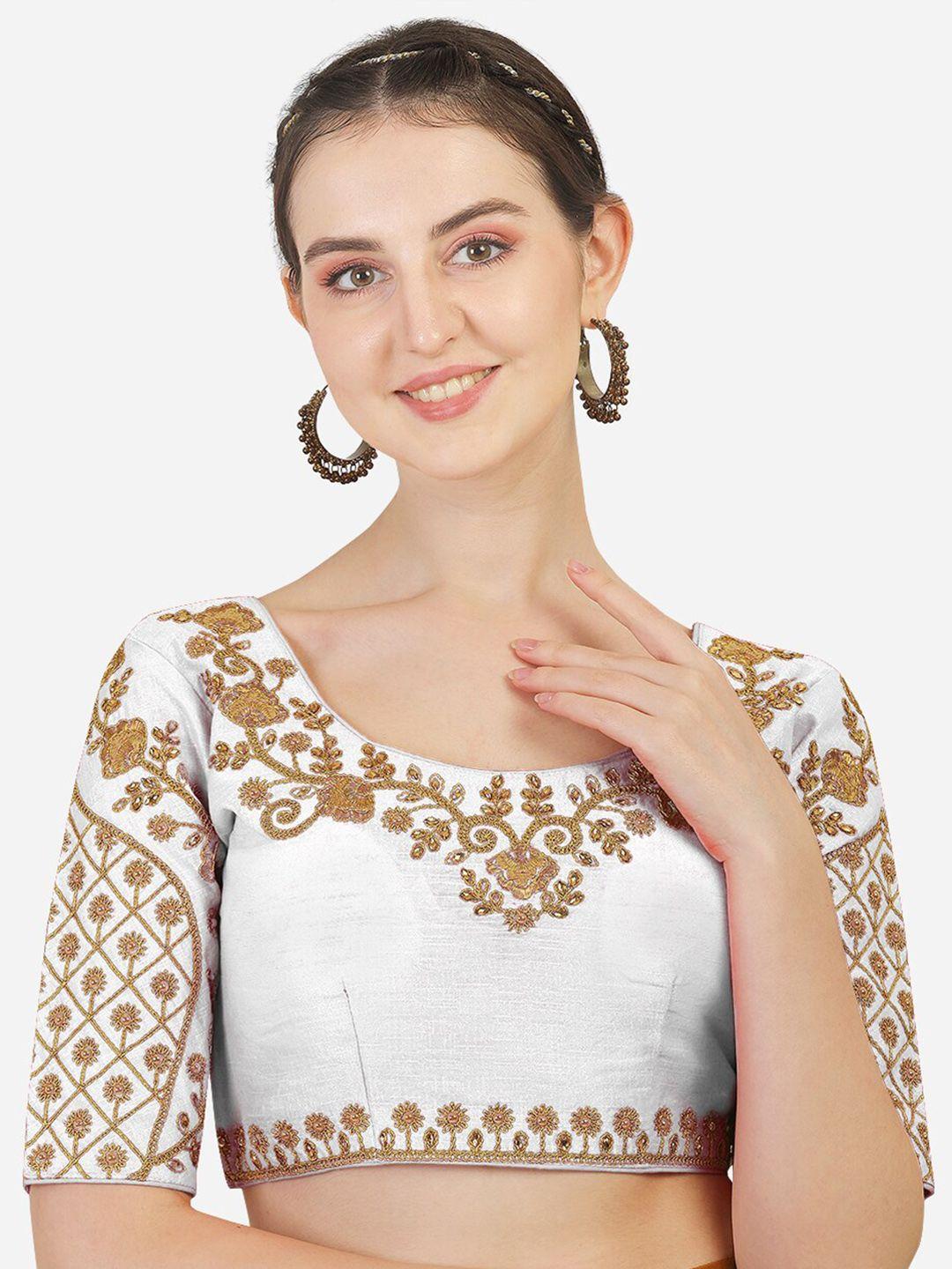 pujia mills women white & gold embroidered readymade silk saree blouse