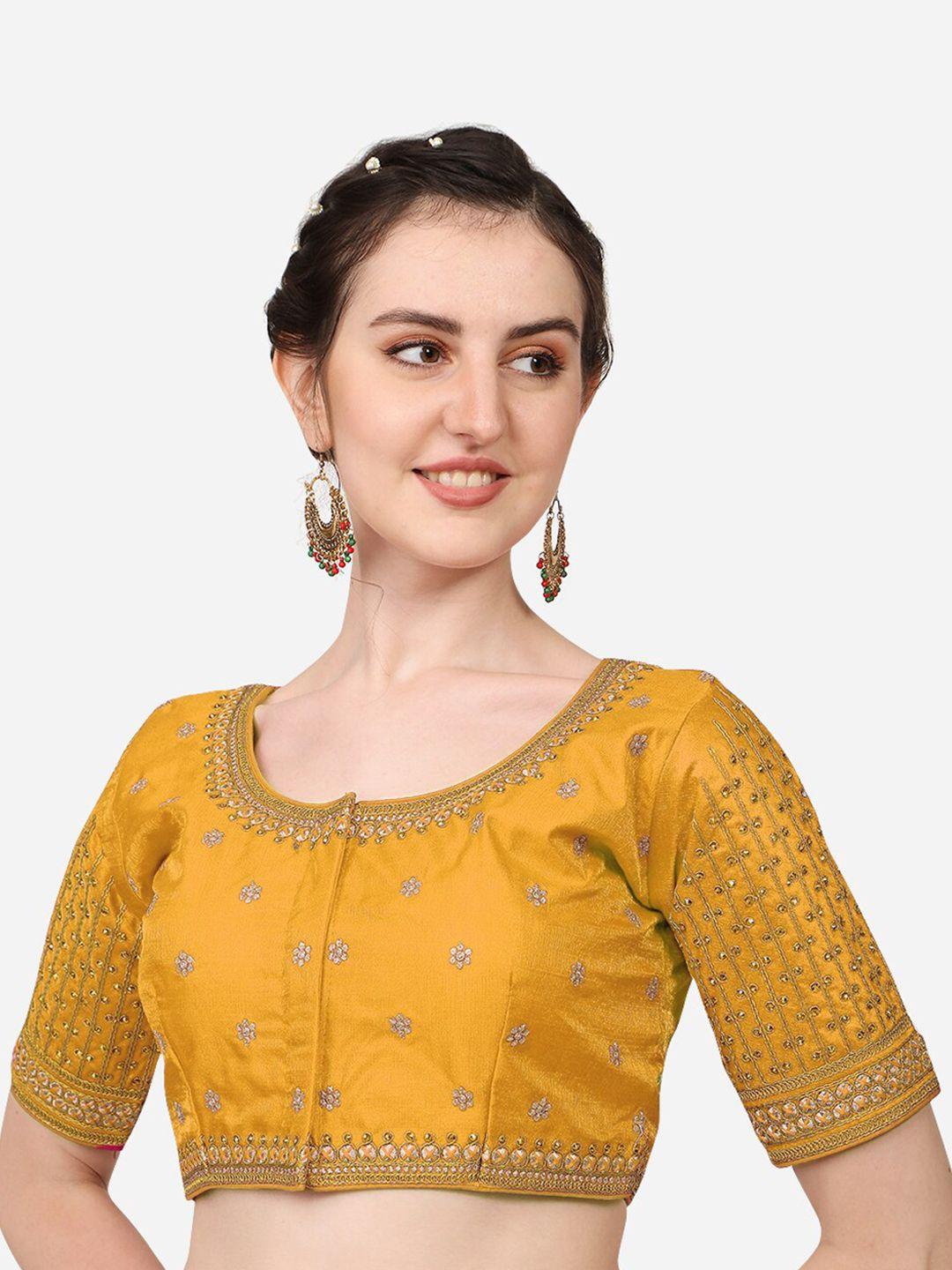 pujia mills women yellow embroidered & stone work readymade silk saree blouse