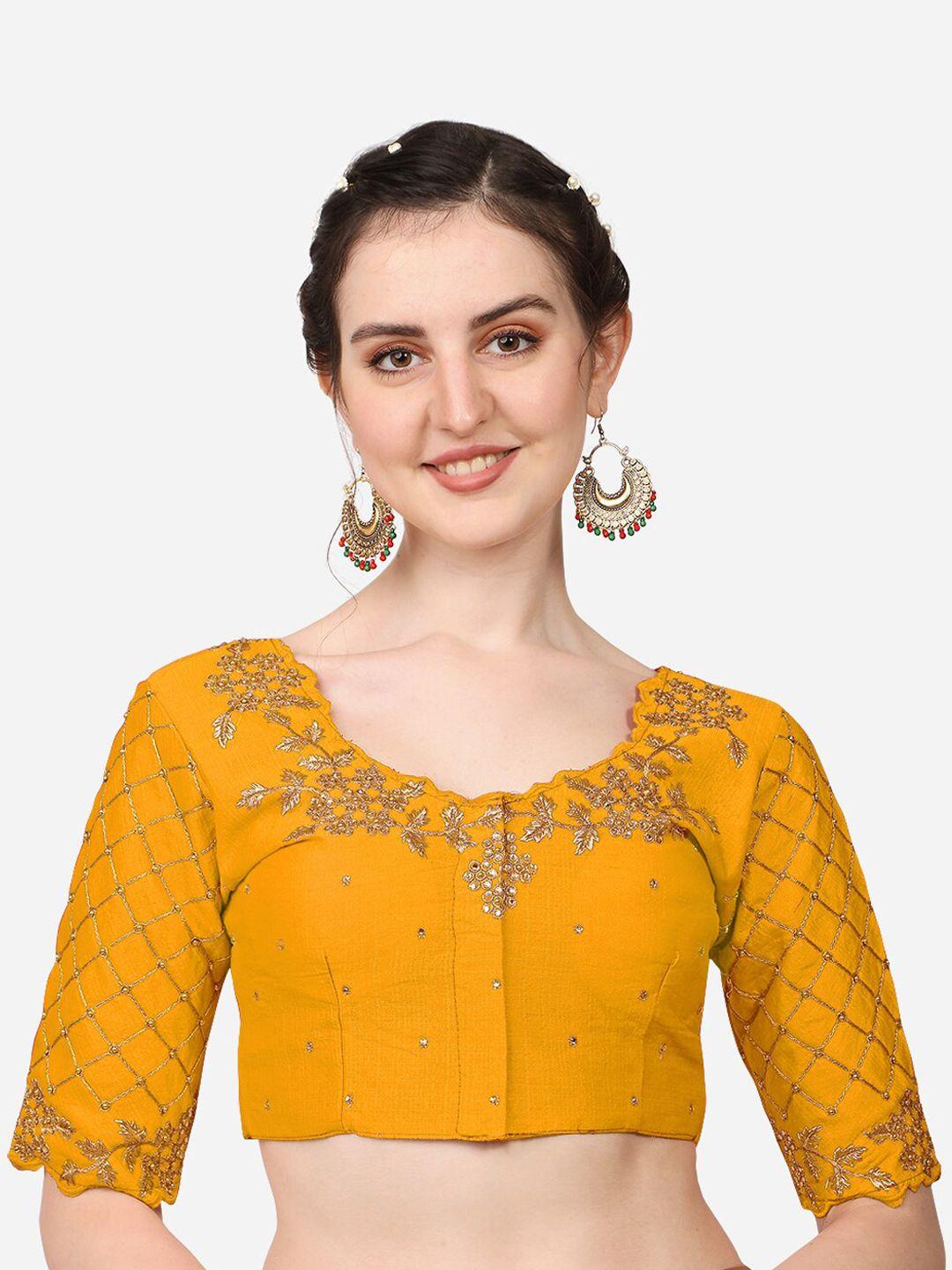 pujia mills women yellow embroidered readymade saree blouse